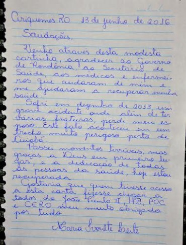 Carta escrita por Ivonete destacando a qualidade do atendimento nas unidades médicas do estado