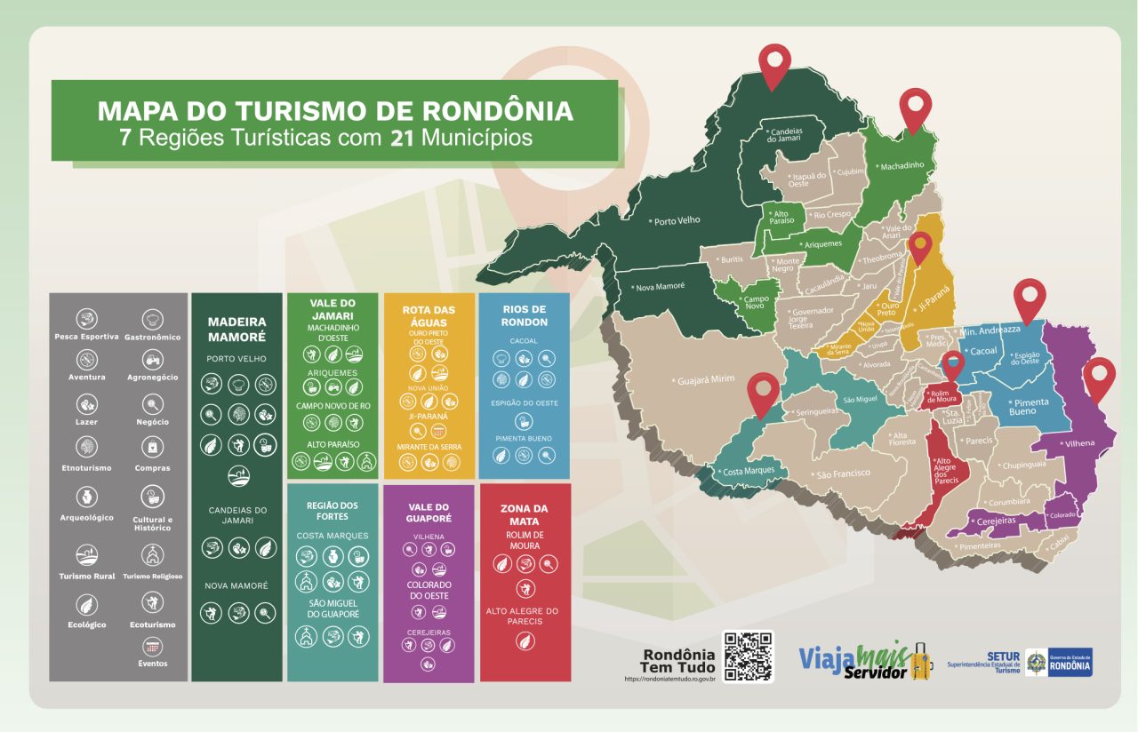 Mapa do estado de Rondônia com a divisão municipal e a distribuição da
