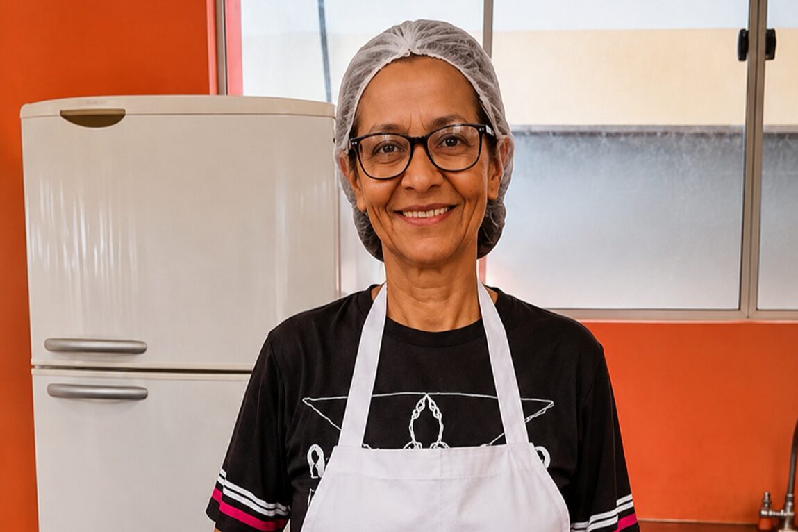 Adenilza Fagundes, com o prato “Pirarucu ao molho com vegetais, acompanhado de arroz, farofa de vagem e abobrinha, além de laranja e pitaya”